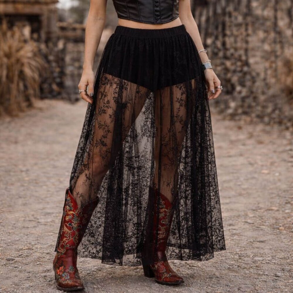 Black Floral Lace Sheer Maxi Skirt - NWT
